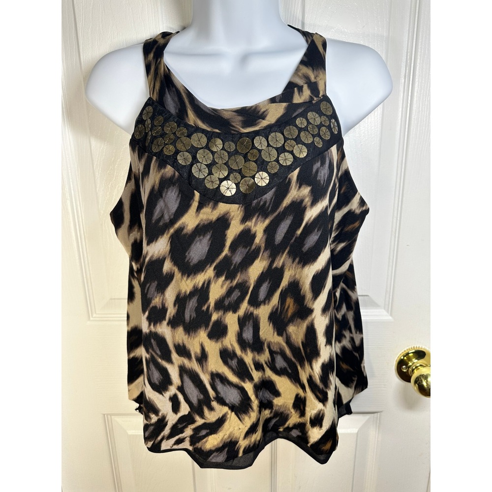 Worthington Animal‎ Print Women's Tank Top Gold Embellished Sleeveless Blouse M